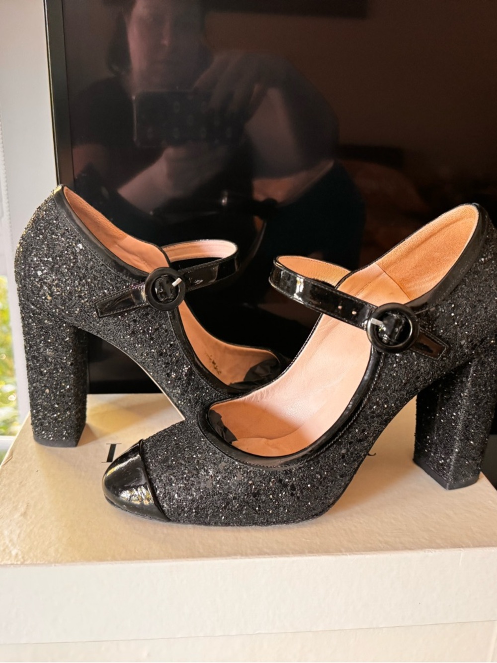 LK Bennett Black Glitter & Patent Mary Jane Block Heels